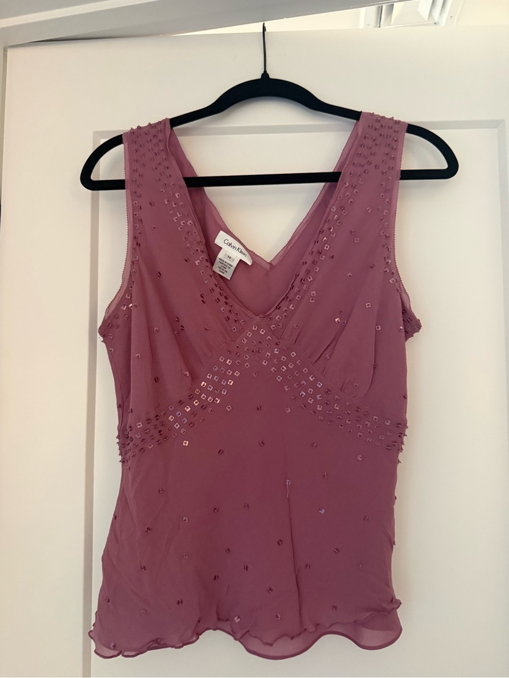 Vintage Calvin Klein Pink Sleeveless Beaded V-Neck Top